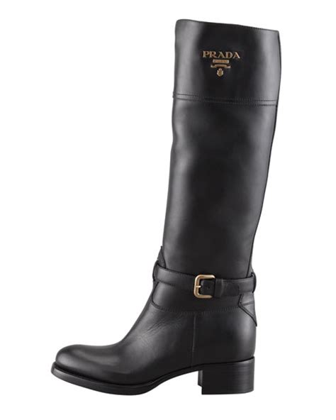 Prada Tall Logo Riding Boot, Black 